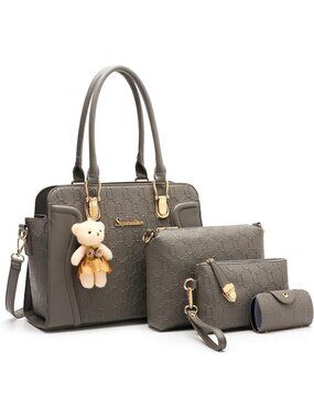 Women's Dark Grey 4Pc Handbag Set Tote Shoulder Satchel Purse with Bear Charm